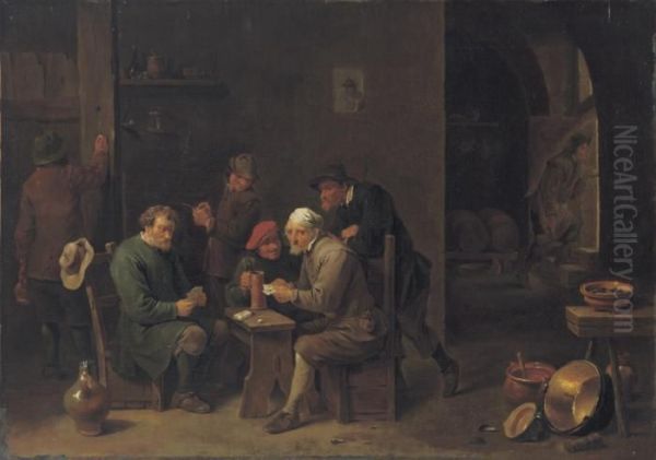 Peasants Playing Cards In An Interior Oil Painting by David The Younger Teniers