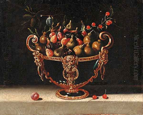 Figs, cherries and pears in an ornamental bowl Oil Painting by Spanish School