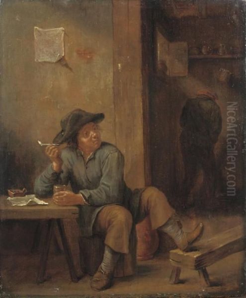 A Boor Smoking And Drinking In An Interior Oil Painting by David The Younger Teniers