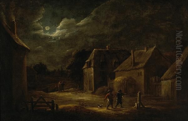 A Moonlit Village Street With Peasants And Adog Oil Painting by David The Younger Teniers