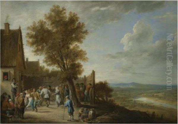 Peasants Dancing To The Bagpipes
 Outside An Inn, A Panoramicvalley Landscape To The Right Oil Painting by David The Younger Teniers