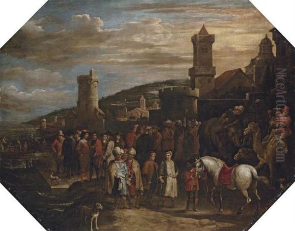 A Capriccio Of A Port With Turks And Other Figures Trading Exoticanimals Oil Painting by David The Younger Teniers