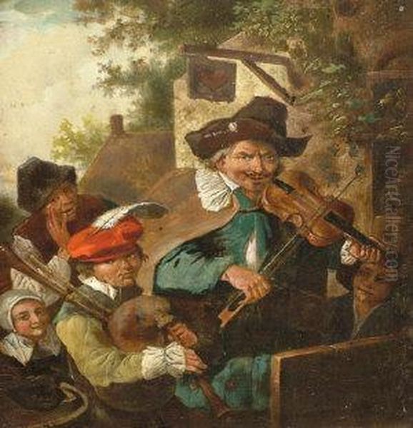 A Fiddle Player And A Boy Playing The Bagpipes Outside Atavern Oil Painting by David The Younger Teniers