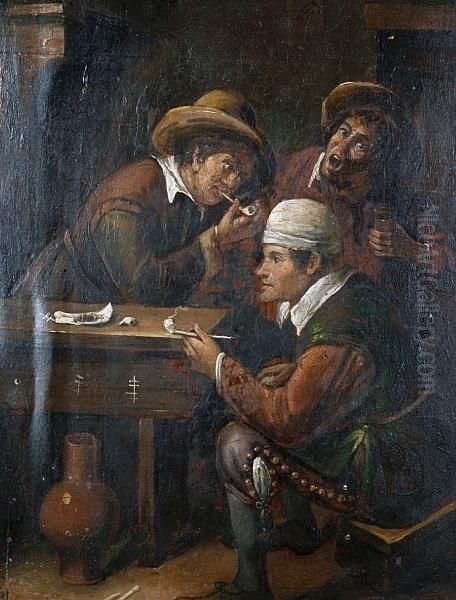 Men Smoking In An Interior Oil Painting by David The Younger Teniers