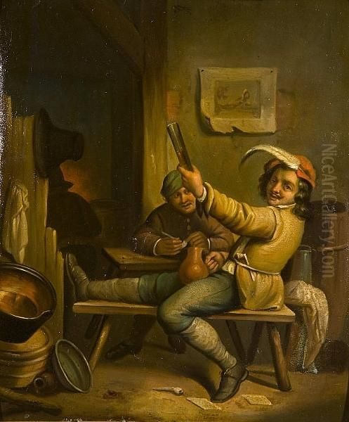 Men Drinking In An Inn Oil Painting by David The Younger Teniers