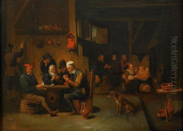 Vardshusinterior Med Kortspelande Bonder Oil Painting by David The Younger Teniers