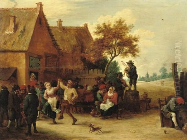 Boors Merry Making Outside An Inn Oil Painting by David The Younger Teniers