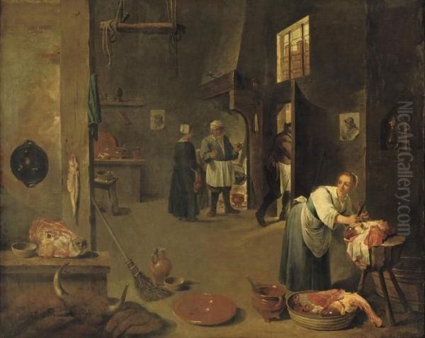 A Peasant Woman Cutting Meat In A Kitchen, Figures Conversing Neara Fireplace Beyond Oil Painting by David The Younger Teniers