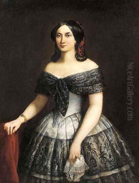 Portrait of a lady, half-length, wearing a silk and lace trimmed dress Oil Painting by Spanish School