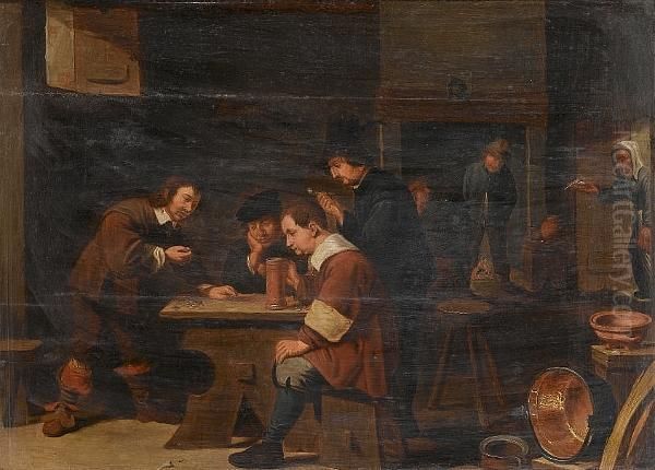 Interior Scene With Men Drinking And Playing Dice Oil Painting by David The Younger Teniers