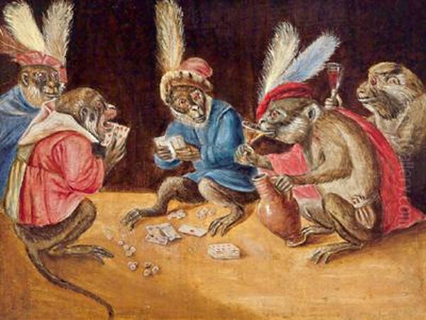 Riunione Di Scimmie Che Giocano A Carte Oil Painting by David The Younger Teniers