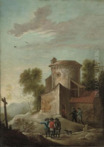 An Extensive Landscape With 
Villagers Washing In The River With A Castle Beyond; And A Landscape 
With Figures On A Path By A Tower Oil Painting by David The Younger Teniers