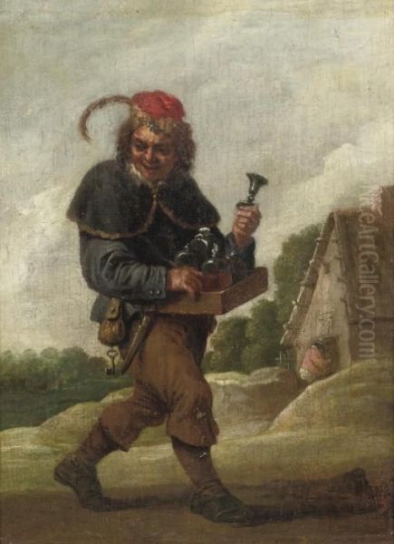 A Pedlar On A Track, Carrying 
His Goods In A Case In Front Of His Belly, A Peasant At The Door Of A 
Cottage Beyond Oil Painting by David The Younger Teniers