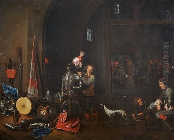 Lot 1 : Studio Of David Teniers 
The Younger, , The Interior Of A Guardroom With Militiament And Boors 
Playing Cards Oil Painting by David The Younger Teniers