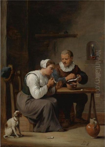 Interior With A Man And Woman Seated At A Table, The Woman Lighting A Pipe Oil Painting by David The Younger Teniers