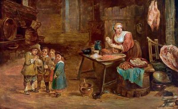 Una Donna Prepara Salsicce Con I Bambini In Un Granaio Oil Painting by David The Younger Teniers