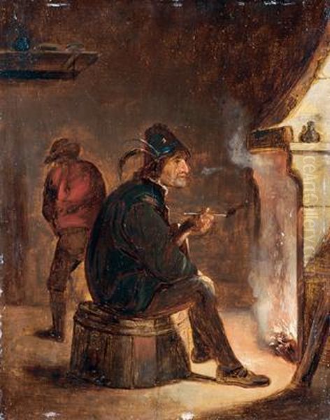 Uomo Che Fuma La Pipa Seduto Accanto Al Camino Oil Painting by David The Younger Teniers