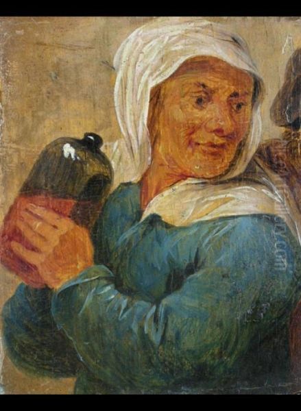 Frau Mit Glasflasche Oil Painting by David The Younger Teniers