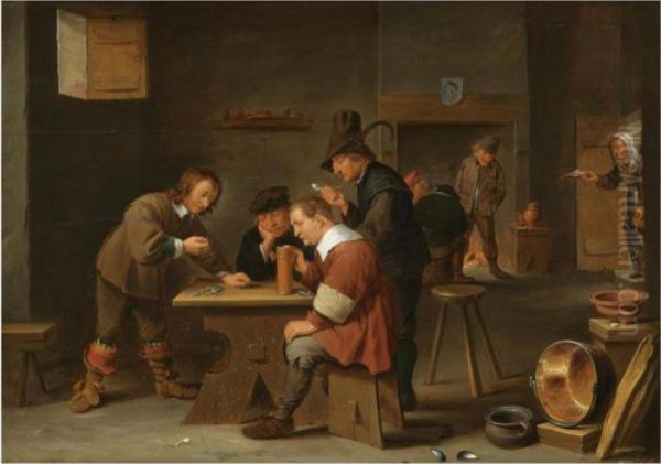 A Tavern Interior With Peasants Drinking, Smoking And Gambling Oil Painting by David The Younger Teniers