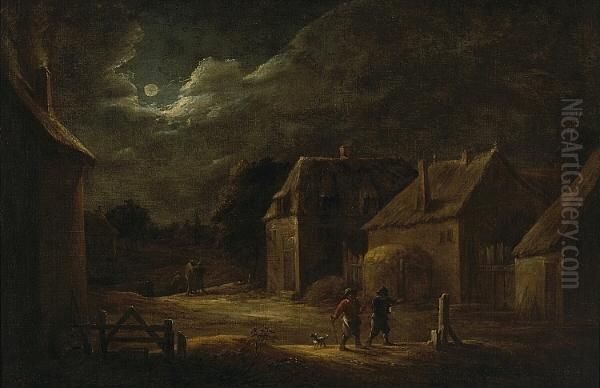 A Moonlit Village Street With Peasants And A Dog Oil Painting by David The Younger Teniers