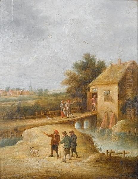 A Village Inn Beside A River, Peasants With Their Dog In The Foreground Oil Painting by David The Younger Teniers