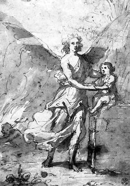 A guardian angel protecting a small boy, a devil in the background Oil Painting by Spanish School