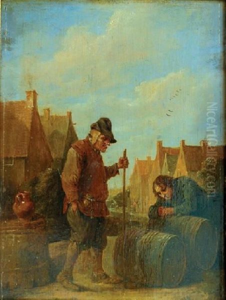 Dwaj Mezczyzni Przy Beczkach Oil Painting by David The Younger Teniers