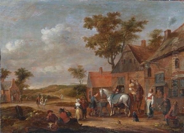 Figures Congregating Outside An Inn Oil Painting by David The Younger Teniers