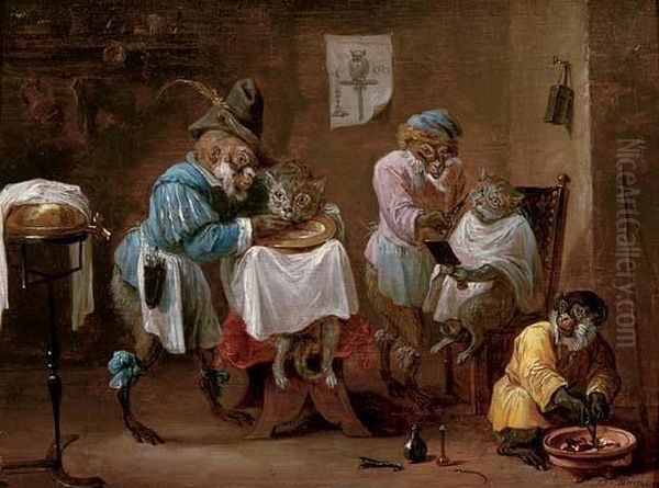 Monkeys At The Barber Oil Painting by David The Younger Teniers