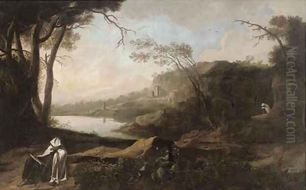 An extensive Italianate river landscape with a hermit seated by a tree reading Oil Painting by Spanish School