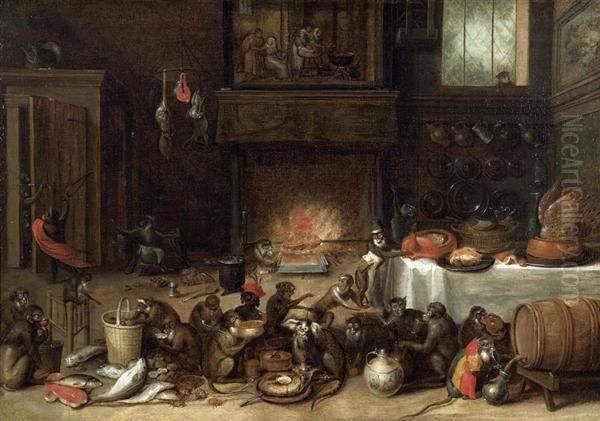 Affen In Der Kuche. Oil Painting by David The Younger Teniers