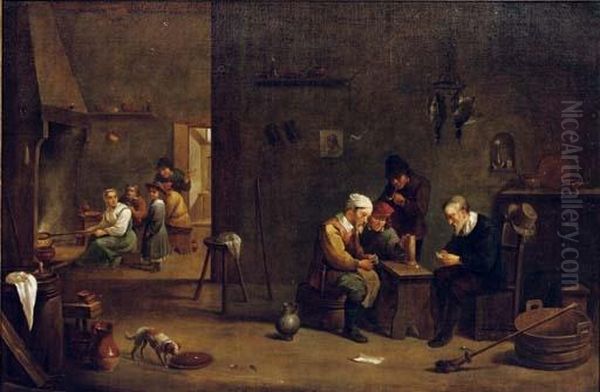 Peasants Playing Cards, Smoking 
And Drinking In An Interior, A Woman And Children By A Fireplace In The 
Background Oil Painting by David The Younger Teniers