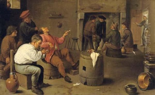 Boors Smoking And Drinking In An Interior Oil Painting by David The Younger Teniers