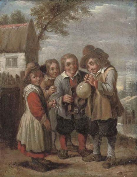 Children Blowing A Bladder Oil Painting by David The Younger Teniers