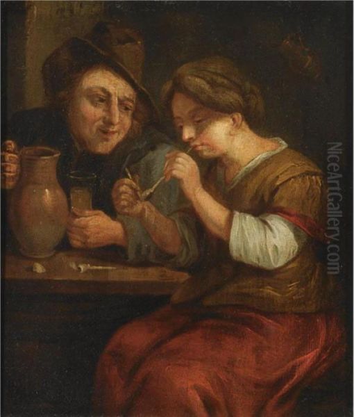 Two Peasants Drinking And Smoking In An Inn Oil Painting by David The Younger Teniers