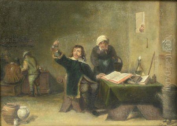 An Alchemist And His Assistant In An Oil Painting by David The Younger Teniers