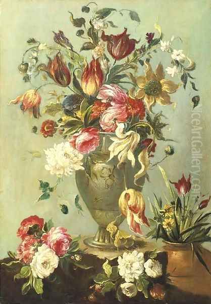 Flowers in a vase on a stone ledge Oil Painting by Spanish School