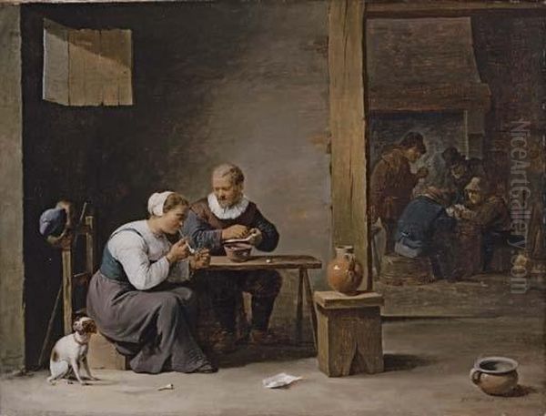 A Man And Woman Smoking A Pipe, 
Seated In An Interior, With Peasants Playing Cards Beyond Oil Painting by David The Younger Teniers