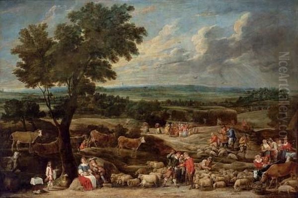 A Livestock Market In An Extensive Landscape With Antwerp In The Distance Oil Painting by David The Younger Teniers