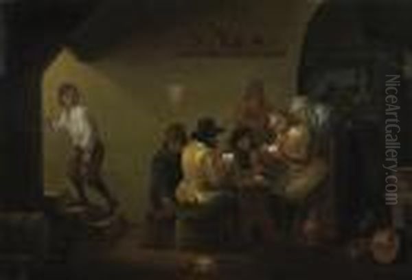 Cardplayers In The Pub Oil Painting by David The Younger Teniers