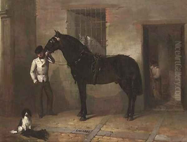 Gallardo, a bridled horse held by a groom Oil Painting by Spanish School