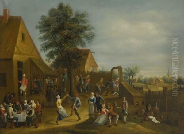 Kirchweihfest In Einer
 Hollandischen Kleinstadt - Bauern Vor Der Schenke Oil Painting by David The Younger Teniers