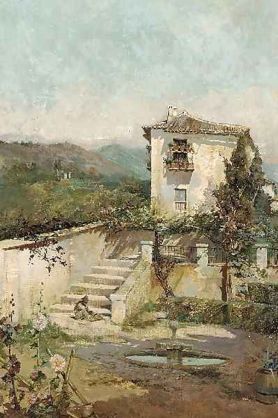 On the steps of a Spanish villa Oil Painting by Spanish School