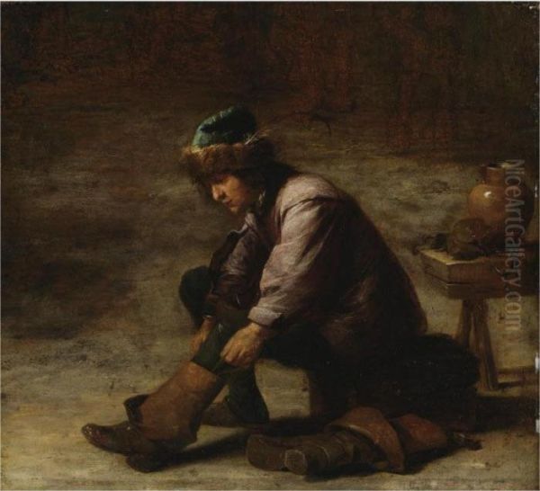 A Young Man Pulling On A Boot Oil Painting by David The Younger Teniers