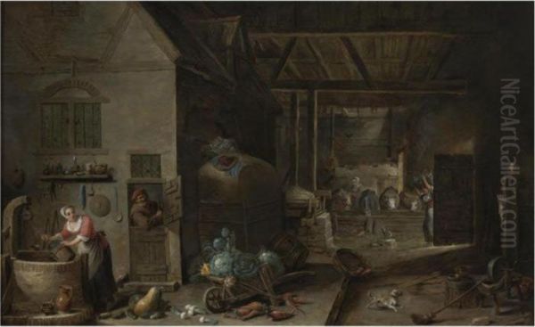 Interior Of A Farmhouse With Figures And Animals Oil Painting by David The Younger Teniers