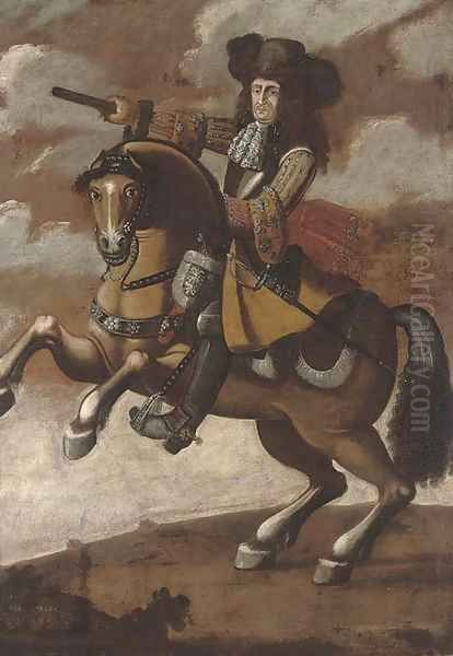 Portrait of a gentleman, full-length, on horseback, holding a baton in his right hand Oil Painting by Spanish School