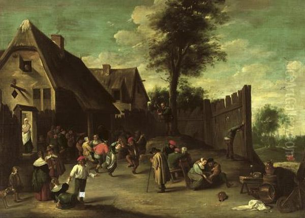 Peasants Feasting And Dancing Outside An Inn Oil Painting by David The Younger Teniers