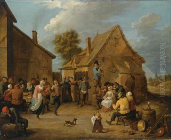 Peasants Dancing, Eating And 
Drinking Outside An Inn, With A Man Standing On A Barrel And Playing The
 Bagpipe To The Centre Right Oil Painting by David The Younger Teniers