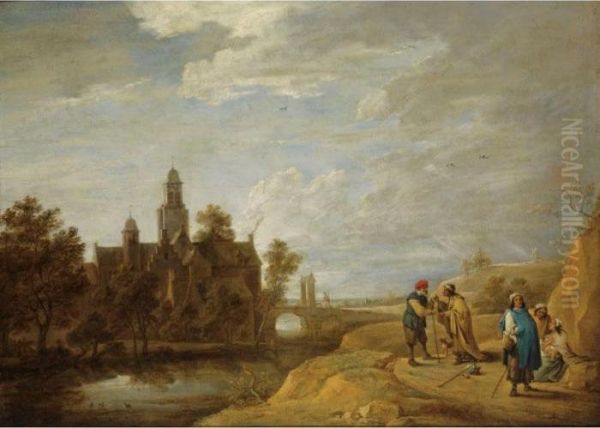 A Wooded Dune Landscape With 
Fortune-telling Gypsies And An Old Man With His Dog On A Path In The 
Foreground, A Fortified Castle With A Church And A Bridge Near A Stream 
In The Background Oil Painting by David The Younger Teniers