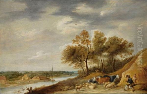 A Panoramic River Landscape With
 Shepherds Resting With Their Herd On A Bank, With One Shepherd Playing 
The Flute Oil Painting by David The Younger Teniers